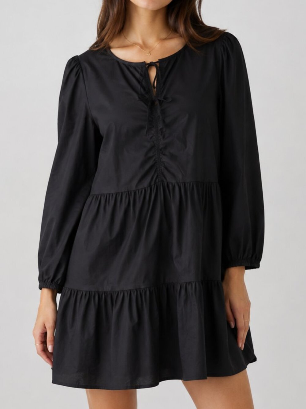 Joie Tiered Long Sleeve Mini Cotton Dress Black XL Pockets Tie Front